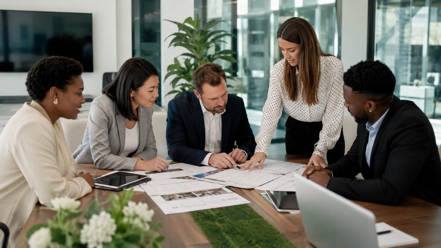 Professionals reviewing event-space requirements and meeting plans
