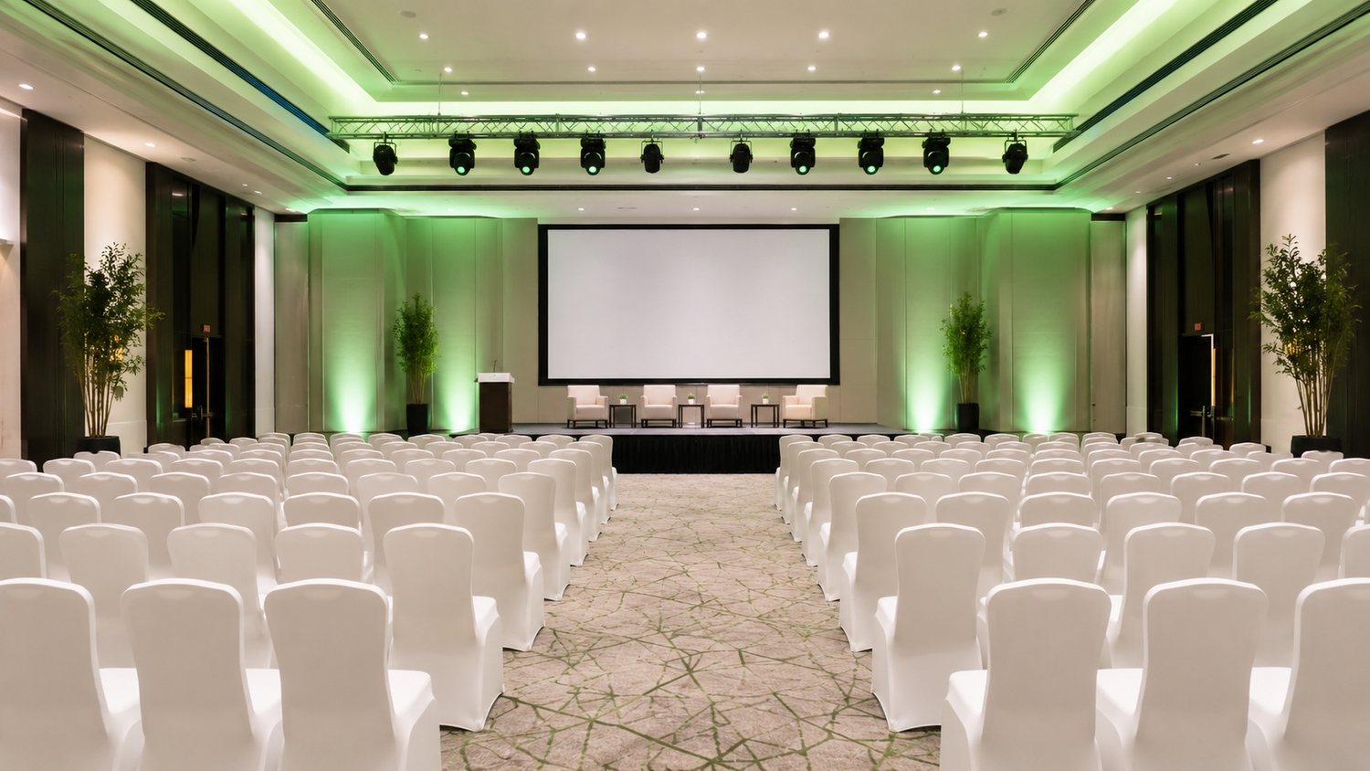 Prepared seminar hall with stage and presentation screen